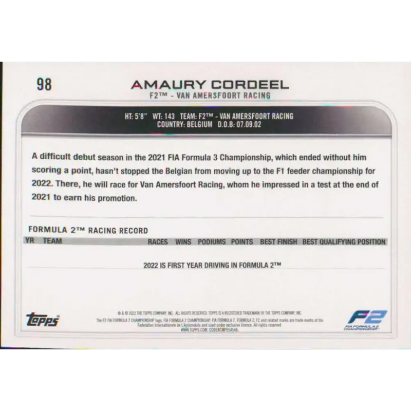 2022 Topps Formula 1 #98 Amaury Cordeel NM-MT Racing Card - Racing Card Single