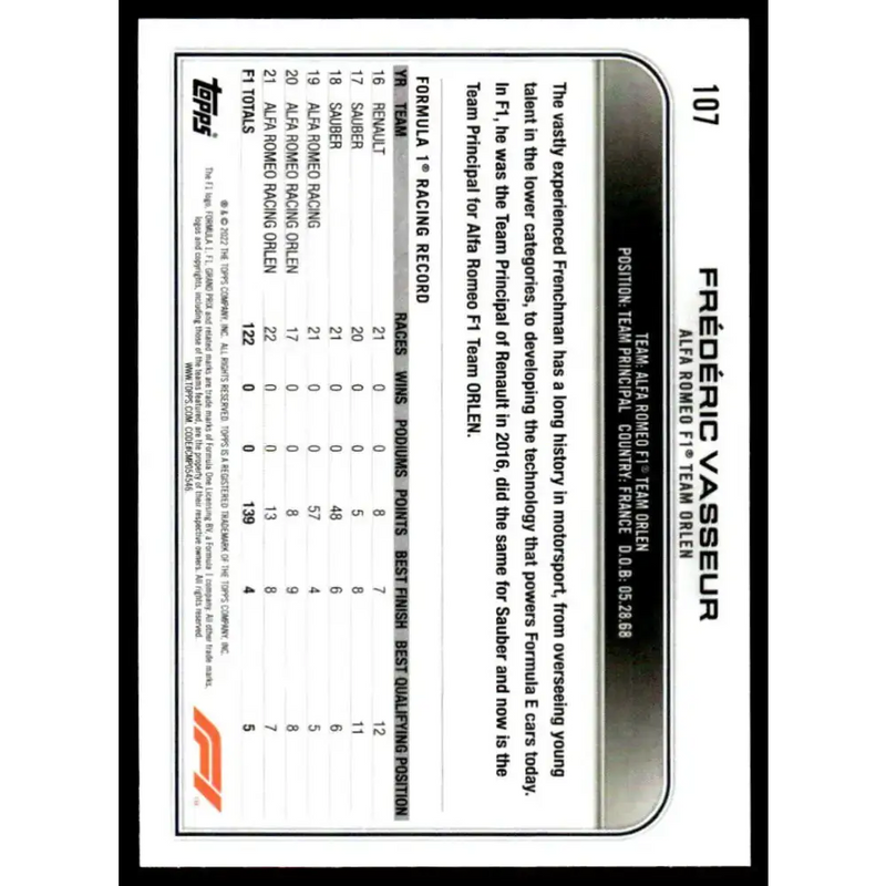 2022 Topps Formula 1 Checker Flag #107 Frederic Vasseur NM-MT Racing Card - Racing Card Single