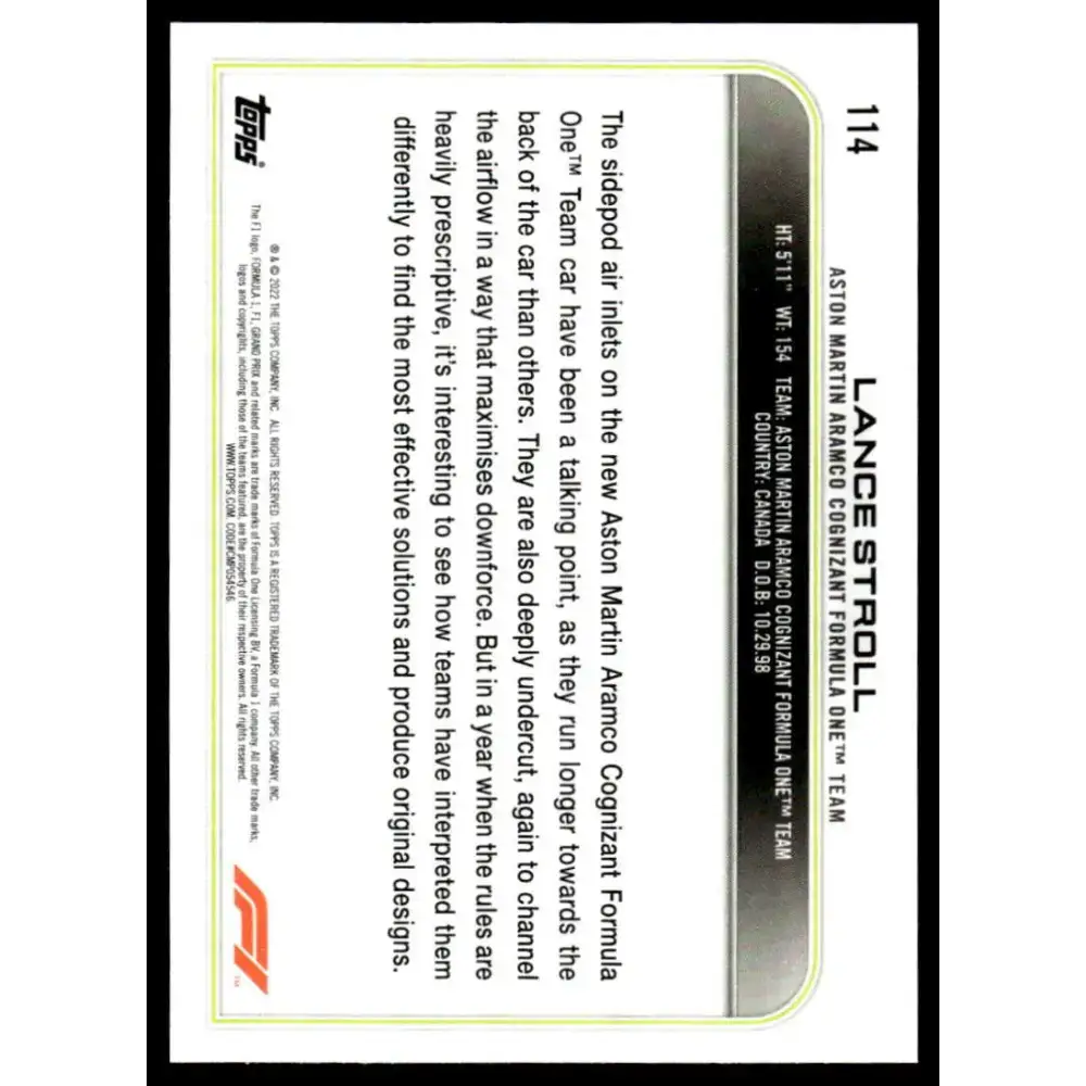 2022 Topps Formula 1 Checker Flag #114 Lance Stroll NM-MT Racing Card - Racing Card Single
