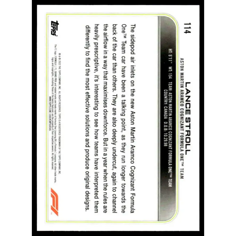 2022 Topps Formula 1 Checker Flag #114 Lance Stroll NM-MT Racing Card - Racing Card Single
