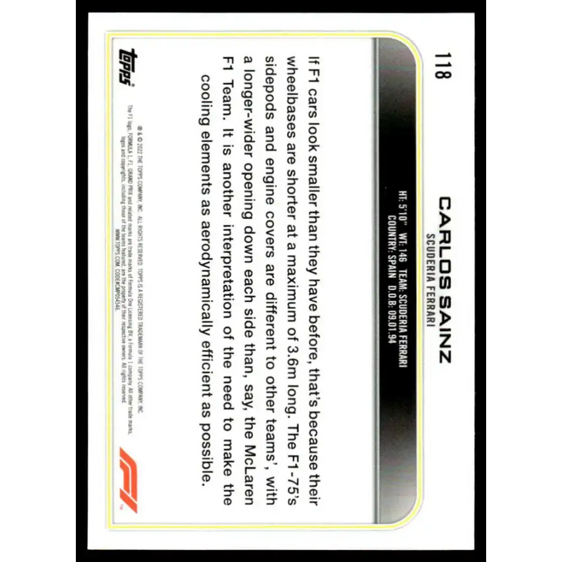 2022 Topps Formula 1 Checker Flag #118 Carlos Sainz NM-MT Racing Card - Racing Card Single