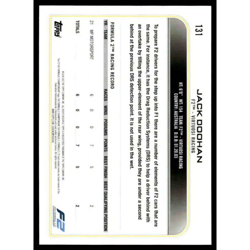 2022 Topps Formula 1 Checker Flag #131 Jack Doohan NM-MT Racing Card - Racing Card Single