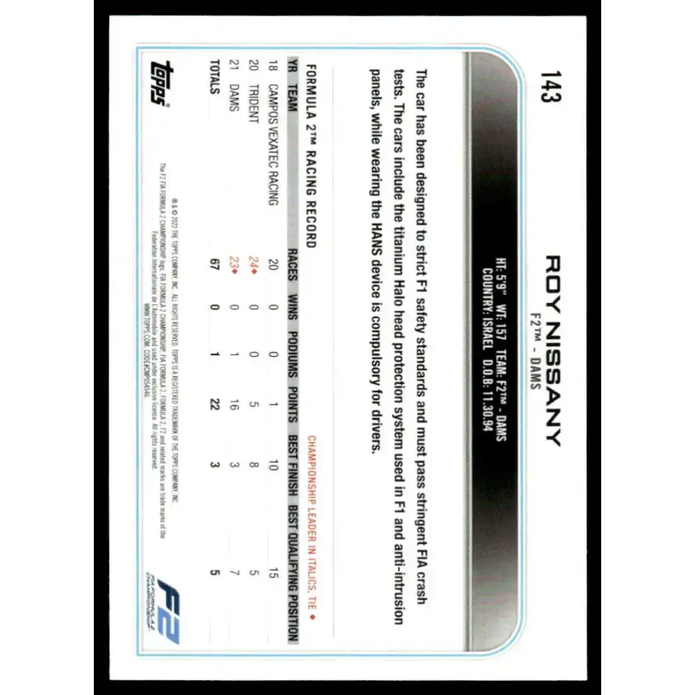 2022 Topps Formula 1 Checker Flag #143 Roy Nissany NM-MT Racing Card - Racing Card Single