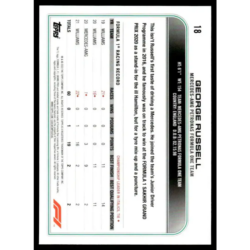 2022 Topps Formula 1 Checker Flag #18 George Russell NM-MT Racing Card - Racing Card Single