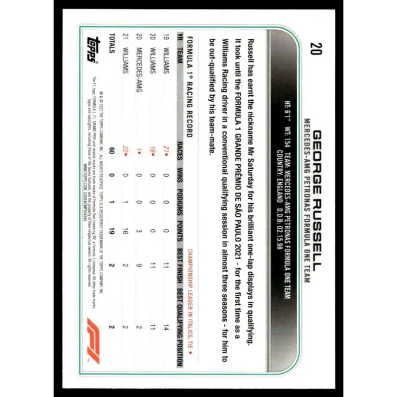 2022 Topps Formula 1 Checker Flag #20 George Russell NM-MT Racing Card - Racing Card Single