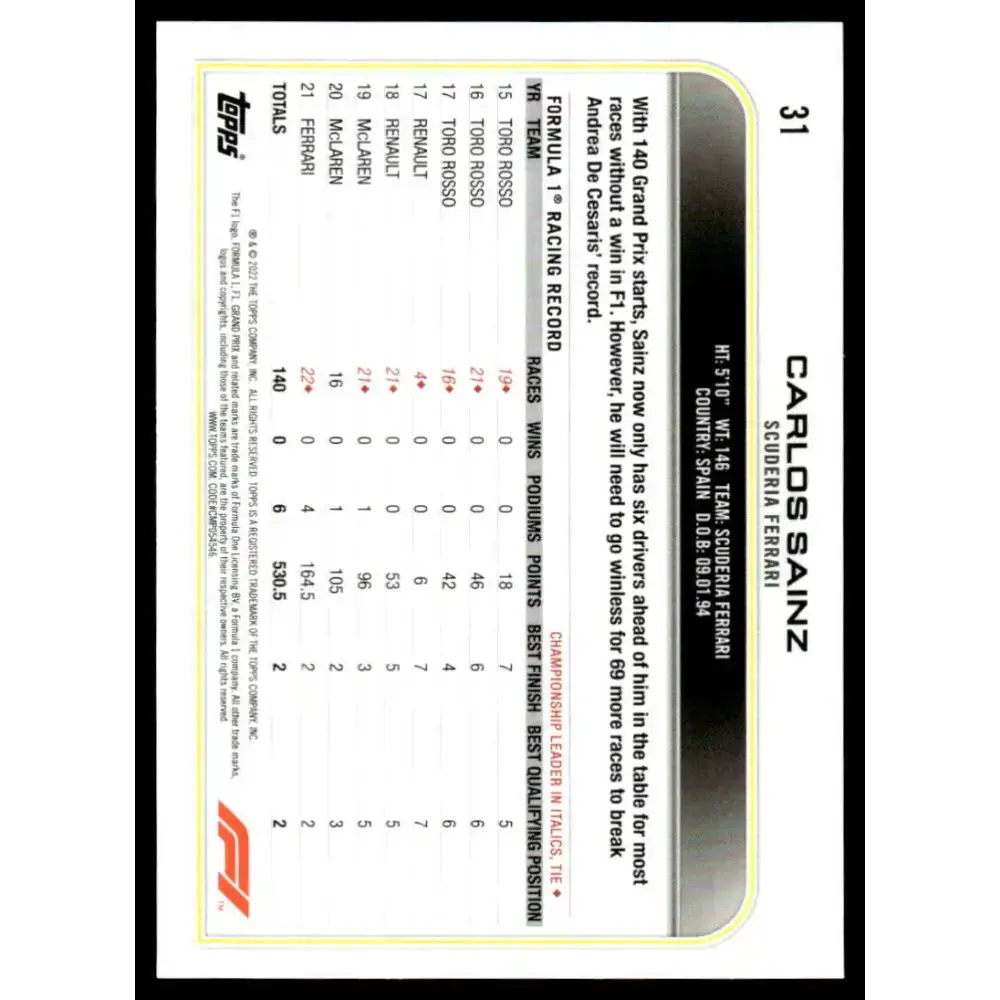 2022 Topps Formula 1 Checker Flag #31 Carlos Sainz NM-MT Racing Card - Racing Card Single