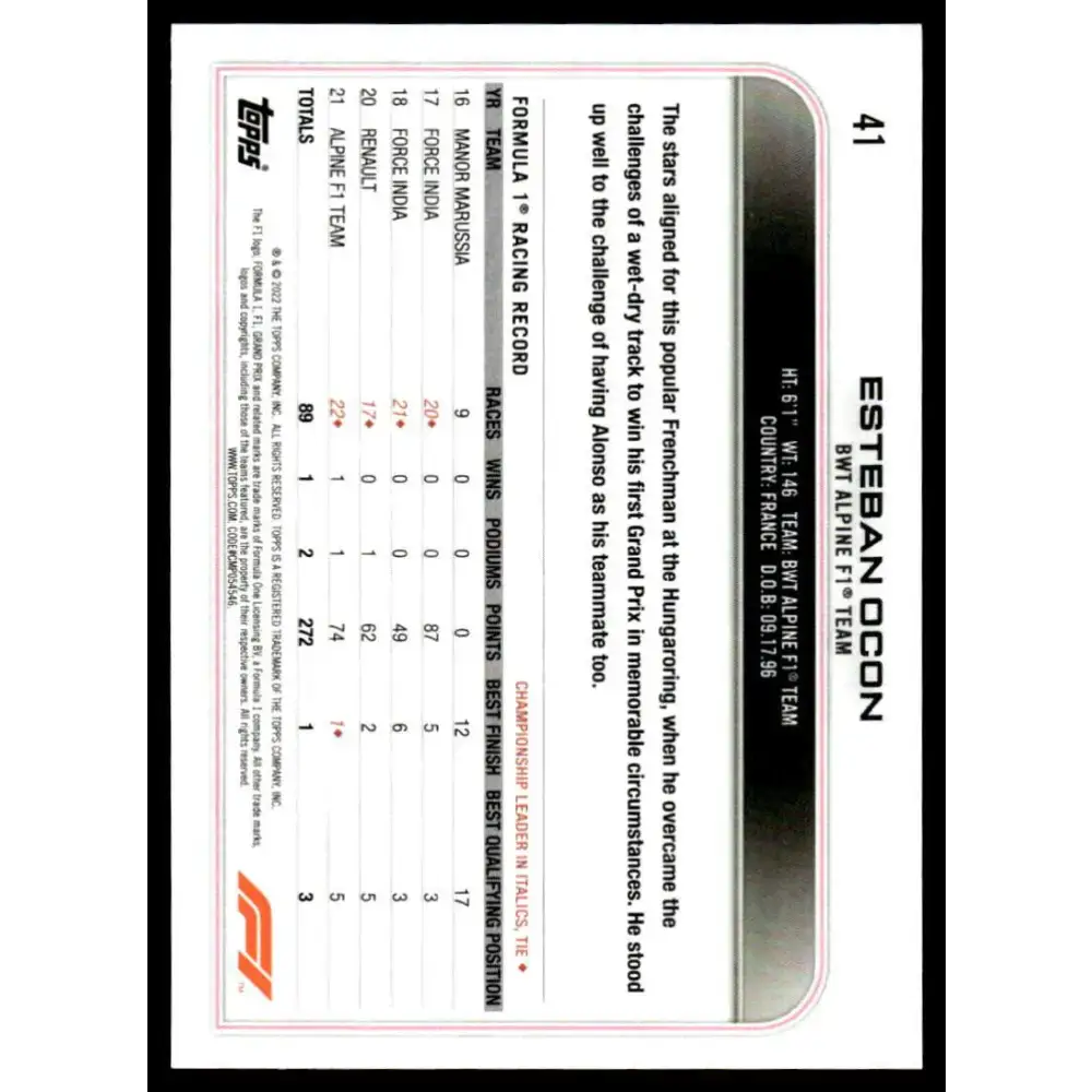 2022 Topps Formula 1 Checker Flag #41 Esteban Ocon NM-MT Racing Card - Racing Card Single