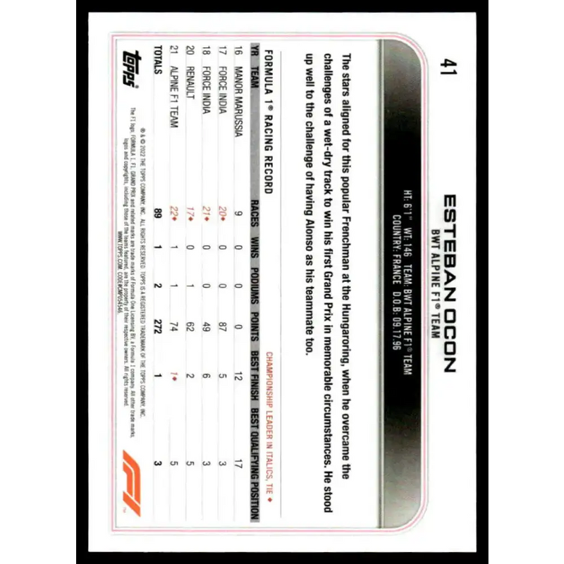 2022 Topps Formula 1 Checker Flag #41 Esteban Ocon NM-MT Racing Card - Racing Card Single