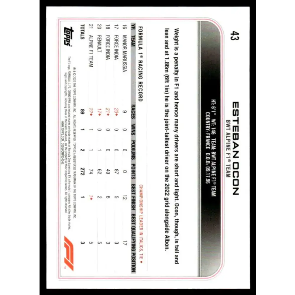 2022 Topps Formula 1 Checker Flag #43 Esteban Ocon NM-MT Racing Card - Racing Card Single