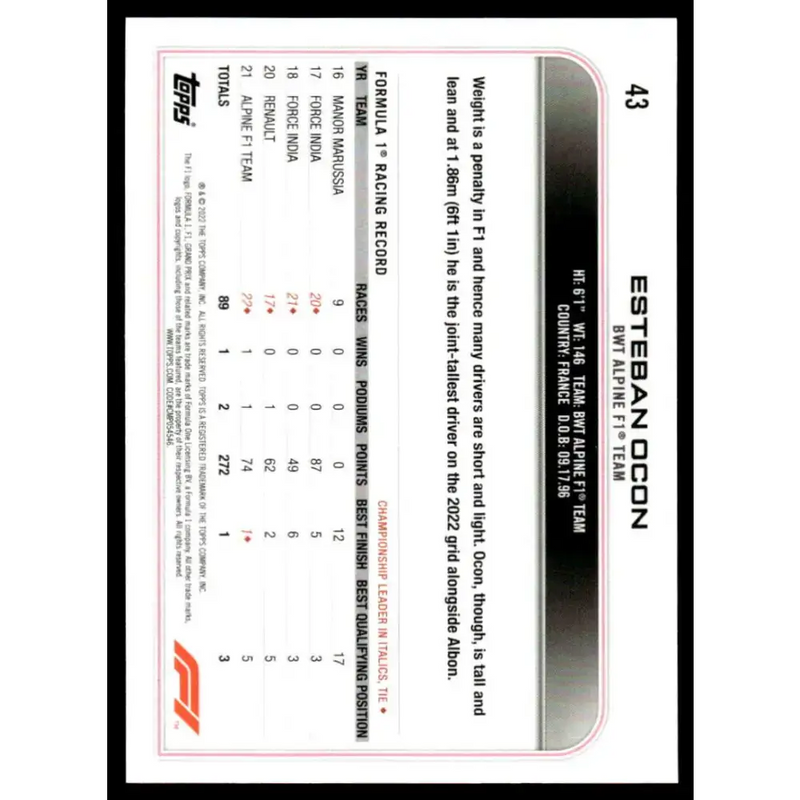 2022 Topps Formula 1 Checker Flag #43 Esteban Ocon NM-MT Racing Card - Racing Card Single