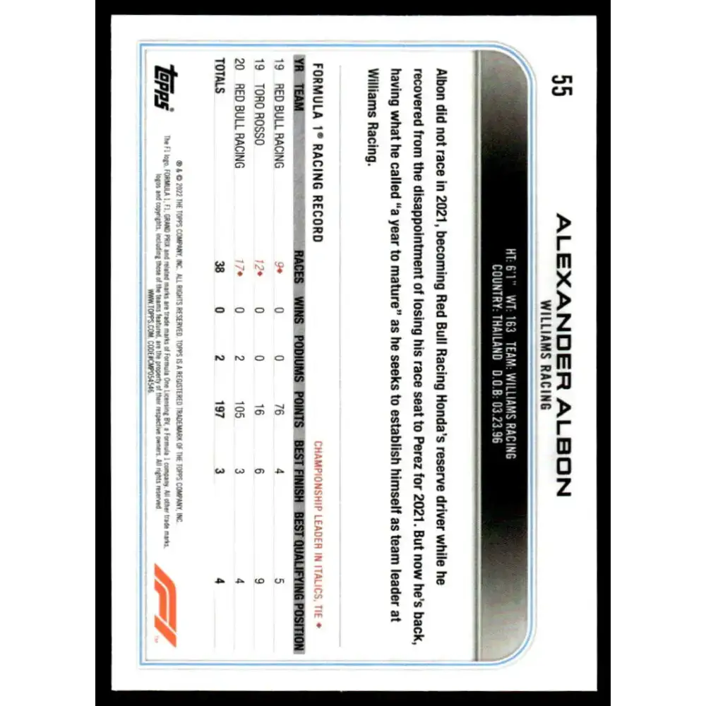 2022 Topps Formula 1 Checker Flag #55 Alexander Albon NM-MT Racing Card - Racing Card Single