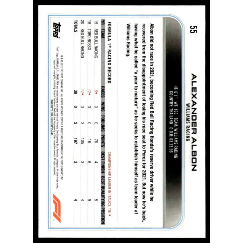 2022 Topps Formula 1 Checker Flag #55 Alexander Albon NM-MT Racing Card - Racing Card Single