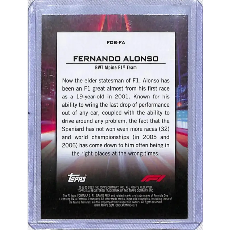 2022 Topps Formula 1 #FOB-FA Fernando Alonso NM-MT BWT Alpine - Racing Card Single
