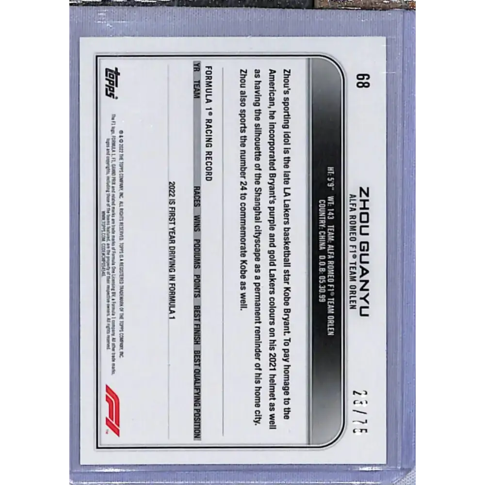 2022 Topps Forumla 1 #68 Green Zhou Guanyu NM-MT 23/75 Racing Card - Racing Card Single