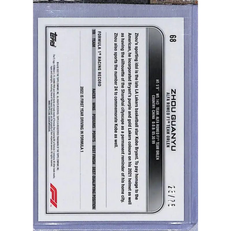 2022 Topps Forumla 1 #68 Green Zhou Guanyu NM-MT 23/75 Racing Card - Racing Card Single