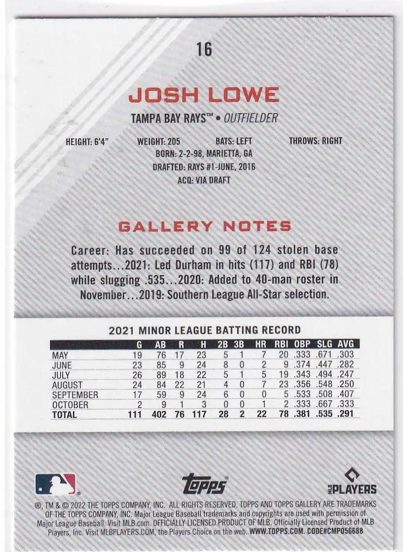 2022 TOPPS GALLERY #16 JOSH LOWE- TAMPA BAY RAYS - Baseball Card Single