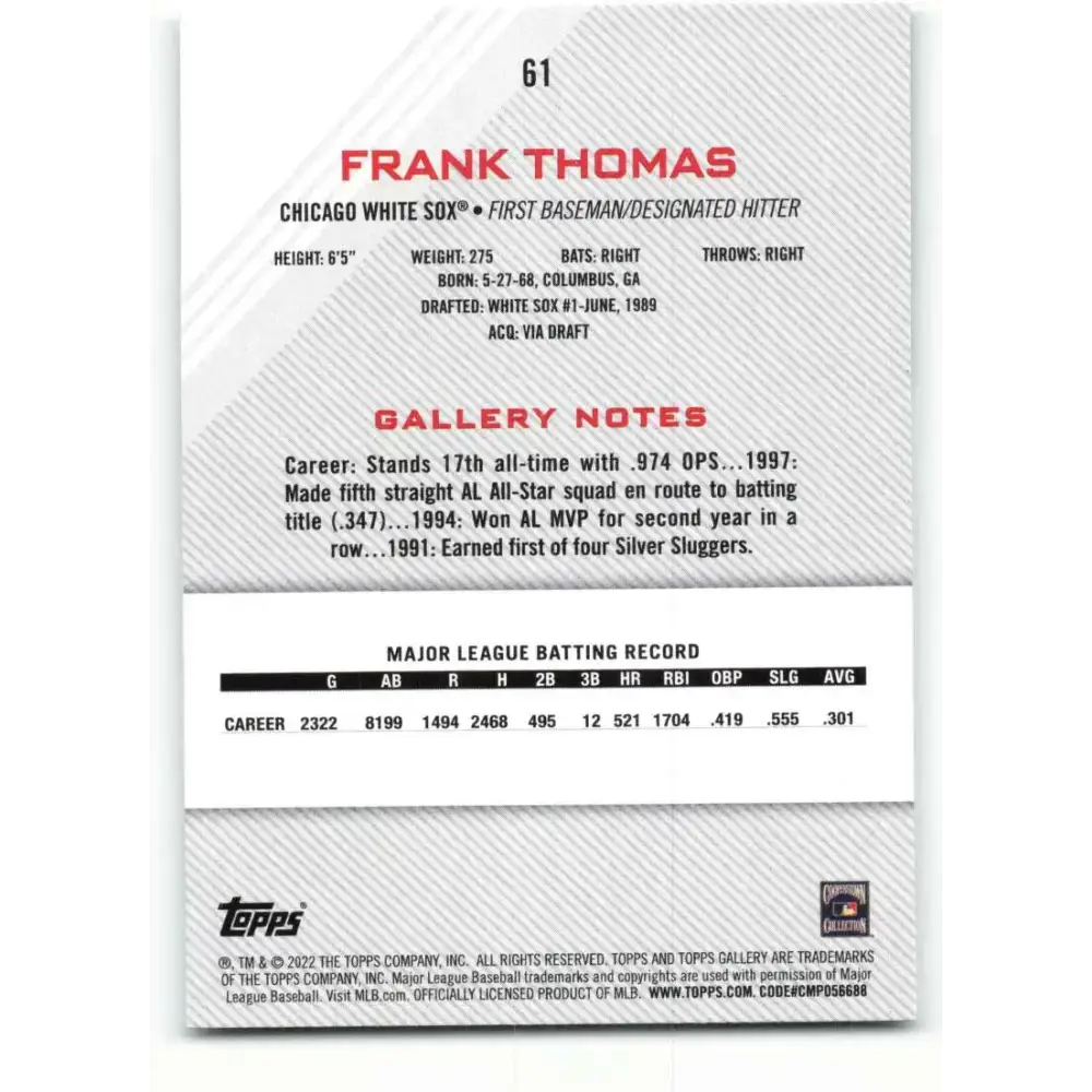 2022 Topps Gallery #61 Frank Thomas NM-MT Chicago White Sox Baseball Card - Baseball Card Single