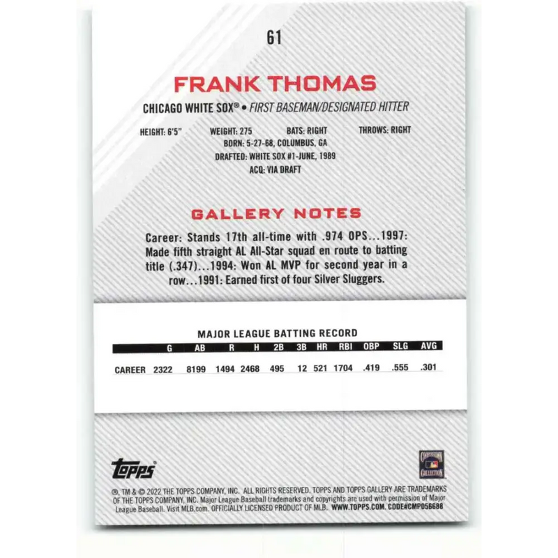 2022 Topps Gallery #61 Frank Thomas NM-MT Chicago White Sox Baseball Card - Baseball Card Single