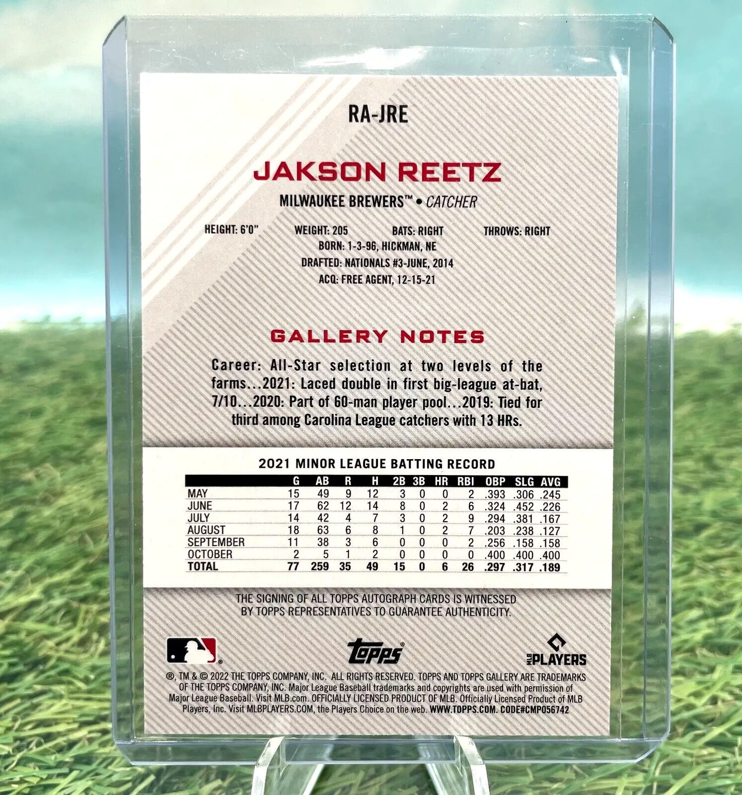 Baseball card back of Jakson Reetz from 2022 Topps Gallery for Milwaukee Brewers