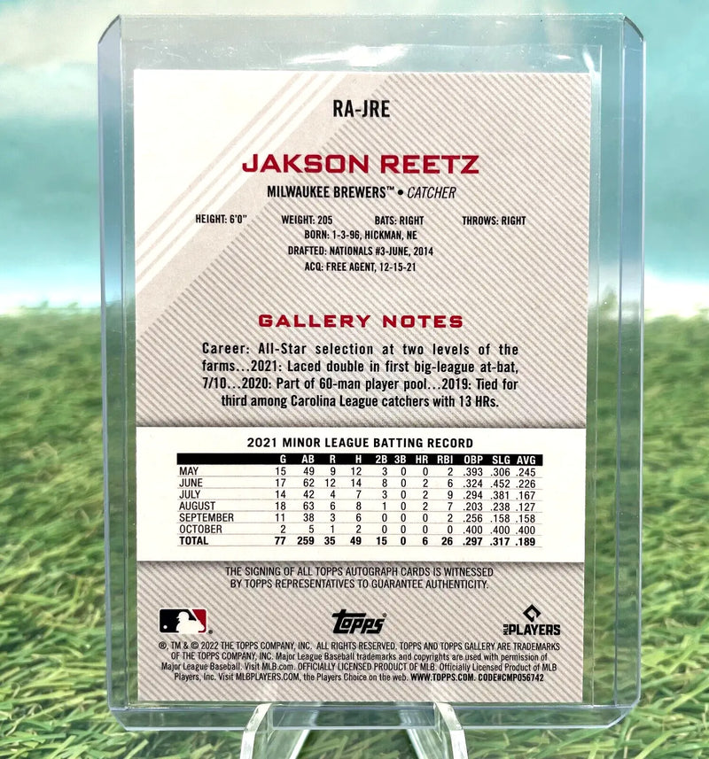 Baseball card back of Jakson Reetz from 2022 Topps Gallery for Milwaukee Brewers