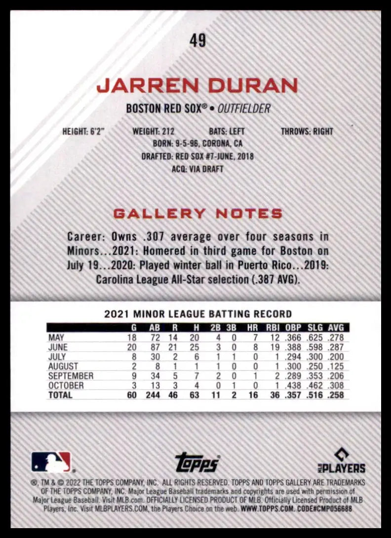 2022 Topps Gallery Jarren Duran RC 49 Boston Red Sox Baseball NM - Baseball Card Single
