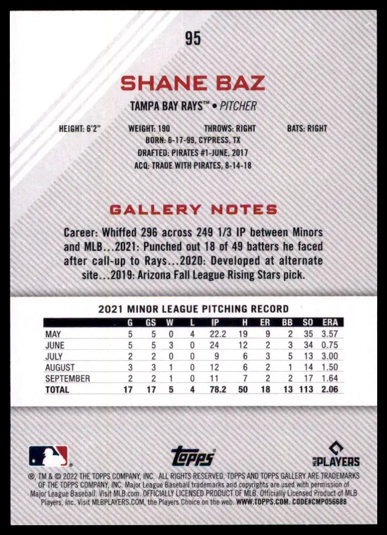 2022 Topps Gallery - Printer Proof Shane Baz 95 Tampa Bay Rays NM - Baseball Card Single