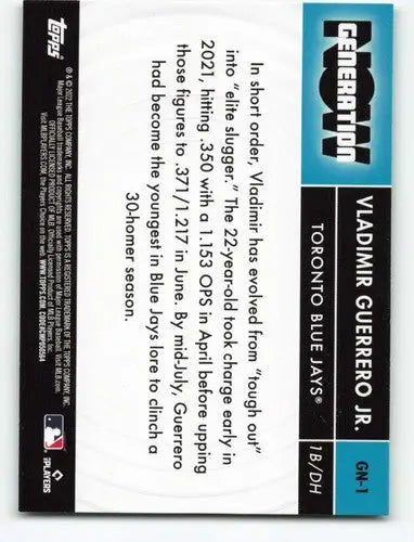 Baseball card back from 2022 Topps Generation Now featuring Vladimir Guerrero Jr. original gloss