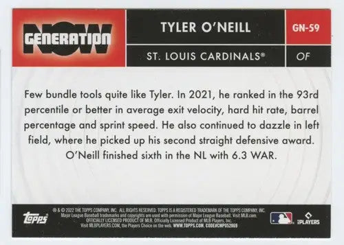 Original gloss Tyler O’Neill baseball card from 2022 Topps Generation Now series