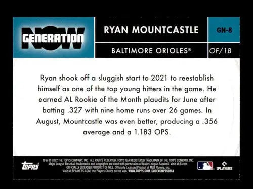 2022 Topps Generation Now Ryan Mountcastle baseball card with original gloss Orioles ID 44297