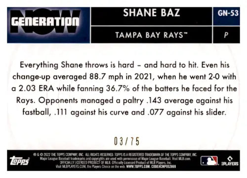 2022 Topps Generation Now Gold #GN-53 Shane Baz NM-MT 03/75 Rays ID:44336 - Baseball Card Single