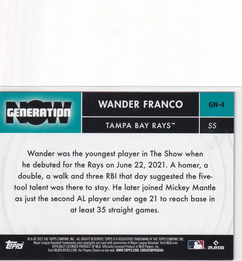 2022 TOPPS #GN-4 WANDER FRANCO GENERATION NOW- TAMPA BAY RAYS - Baseball Card Single