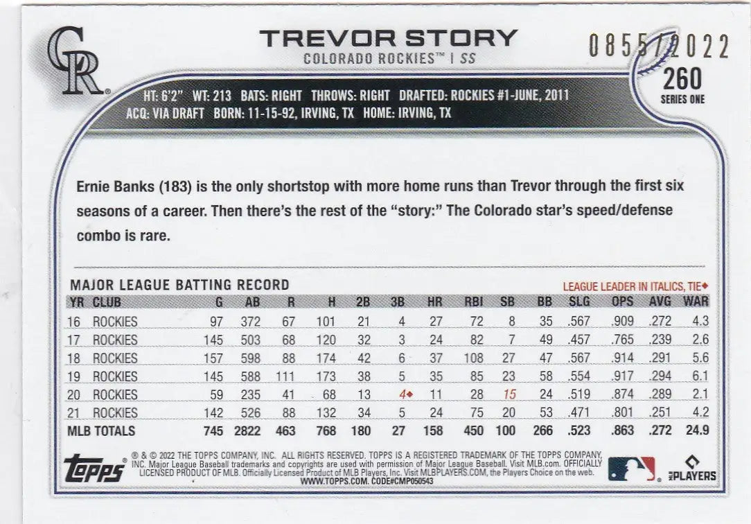 2022 Topps Gold Foil #260 Trevor Story MLB stats card with Colorado Rockies information