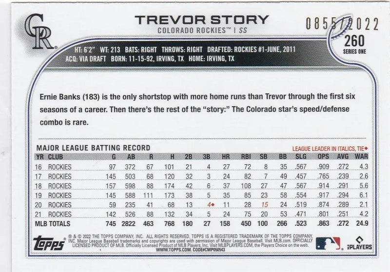 2022 Topps Gold Foil #260 Trevor Story MLB stats card with Colorado Rockies information