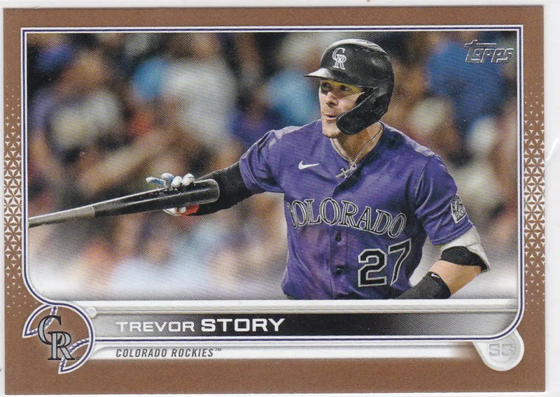 Topps Gold Foil baseball card of Trevor Story, Colorado Rockies, number 27, purple jersey