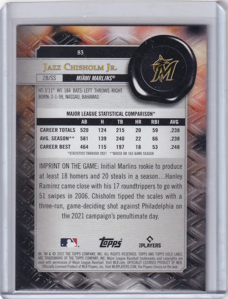 2022 Topps Gold Label 37/99 Blue Class 2 #83 Jazz Chisholm Jr. - Miami Marlins - Baseball Card Single