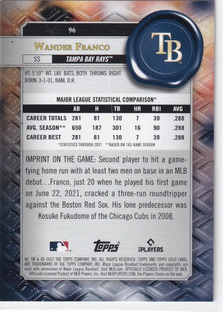 2022 TOPPS GOLD LABEL #96 WANDER FRANCO- TAMPA BAY RAYS - Baseball Card Single