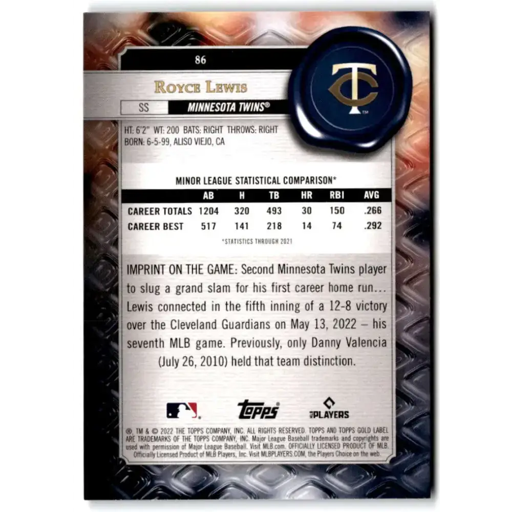 2022 Topps Gold Label Class 2 #86 Royce Lewis NM-MT RC Rookie Minnesota Twins Baseball Card - Baseball Card Single