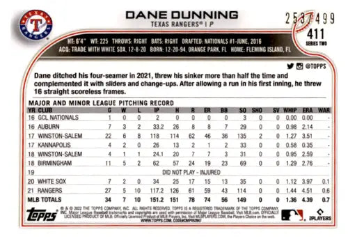 2022 Topps Green Foil #411 Dane Dunning NM-MT 253/499 Rangers - Baseball Card Single