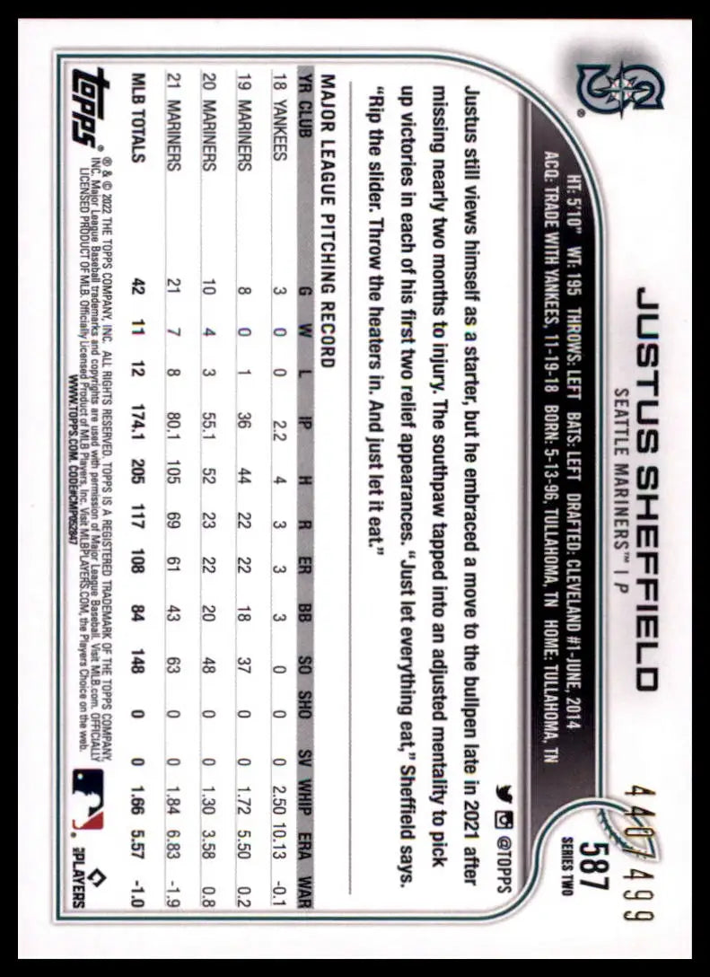 2022 Topps - Green Foilboard Justus Sheffield 587 /499 Seattle Mariners NM - Baseball Card Single