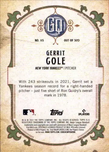 2022 Topps Gypsy Queen #115 Gerrit Cole NM-MT Yankees ID:44871 - Baseball Card Single