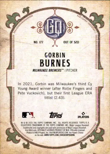 Original gloss 2022 Topps Gypsy Queen Corbin Burnes baseball card Brewers ID 44880