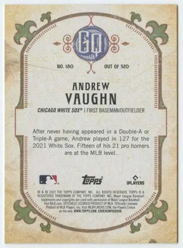 Baseball card back with original gloss from 2022 Topps Gypsy Queen Andrew Vaughn NM-MT
