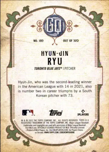 Hyun-Jin Ryu baseball card with original gloss from 2022 Topps Gypsy Queen Blue Jays