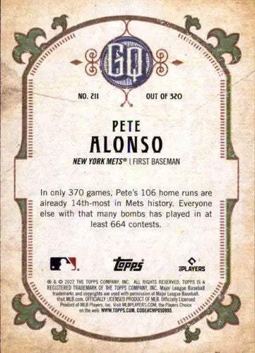 Original gloss Pete Alonso baseball card from Topps Gypsy Queen 2022 collection