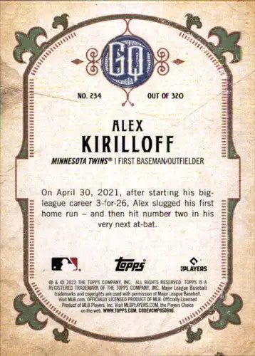 Baseball card back from 2022 Topps Gypsy Queen featuring Alex Kirilloff Twins ID 44887