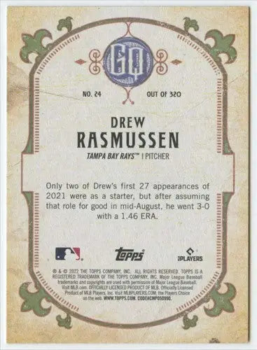 2022 Topps Gypsy Queen Drew Rasmussen baseball card with original gloss and Rays ID 44859