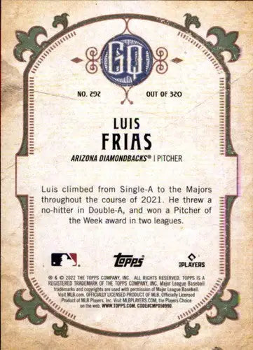 Baseball card back with original gloss from 2022 Topps Gypsy Queen Luis Frias Rookie
