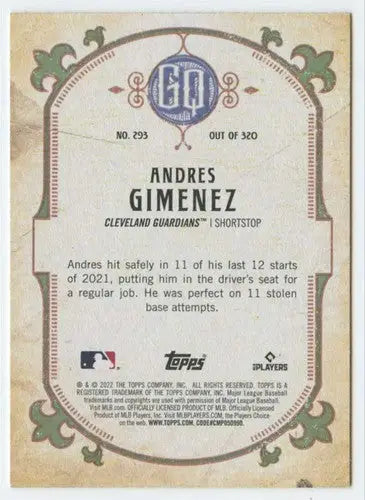 Baseball card back of 2022 Topps Gypsy Queen Andres Gimenez Guardians ID 44891