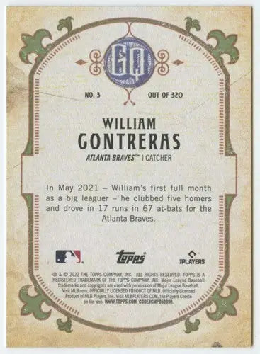 Baseball card back from 2022 Topps Gypsy Queen William Contreras Braves ID 44857