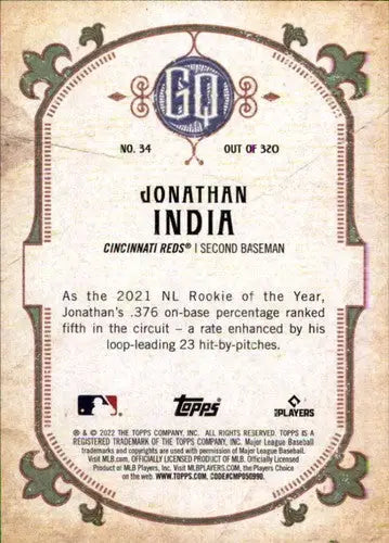 Jonathan India baseball card back with original gloss from 2022 Topps Gypsy Queen